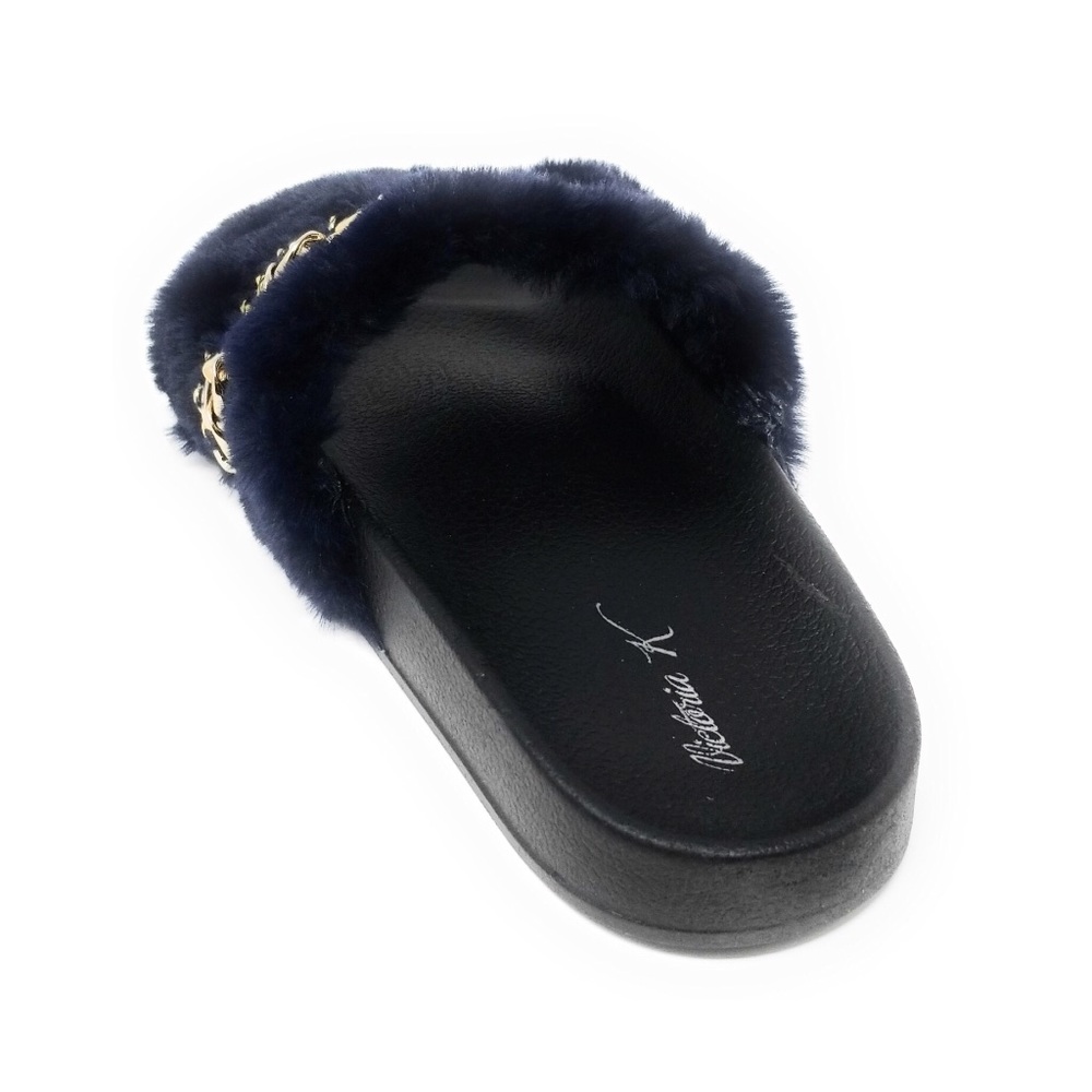 Women Blue Fluffy Faux Fur Linked Chain Sandals - Picture 3 of 3